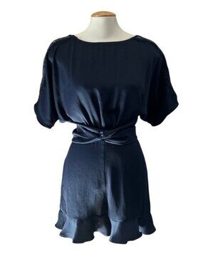 Zara Basic Navy Blue Satin Open Back Romper Lace Shoulder Ruffle Hem Medium